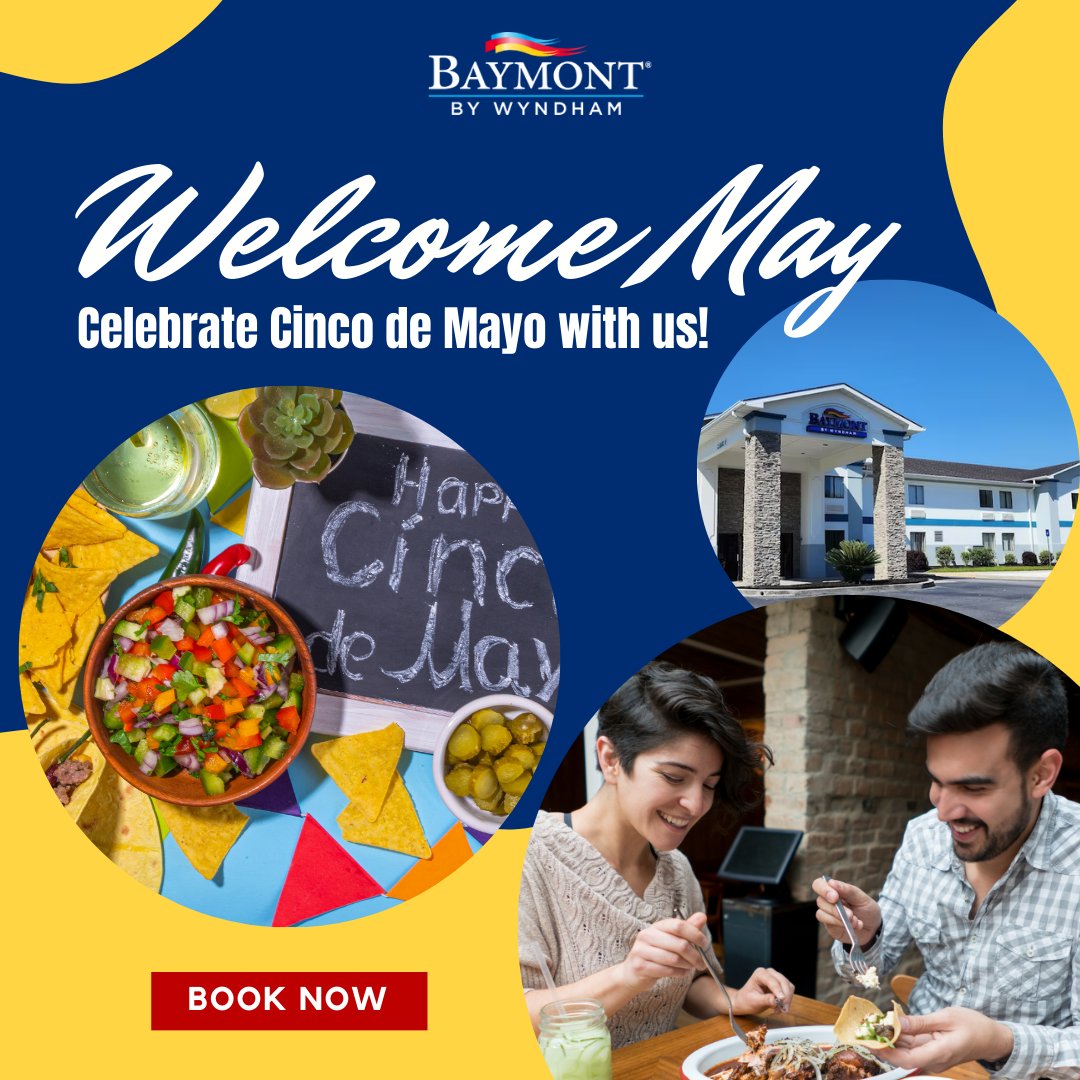 #WelcomeMay with a feast of flavors at #BaymontbyWyndhamPortWentworth! Just off I-95, enjoy national favorites or dive into local recommendations like Agave Bar & Grille II. Celebrate #CincodeMayo with us and savor authentic Mexican cuisine! 🌮#DineLocal #MayFestivities #EatLocal