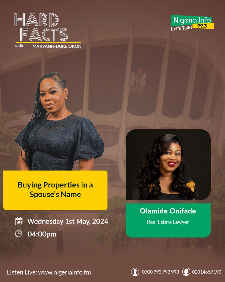 Madam Landlord: Buying Properties in a Spouse’s Name

Real Estate Lawyer, Olamide Onifade 
@MideOnifade joins @mimieyo on #HardFacts 

#NigeriaInfoHF | 

📻 nigeriainfo.fm/lagos/player/
☎️ 0700993993993
☎️ 0201 465 7190 (Female Only)
📩 08095975805