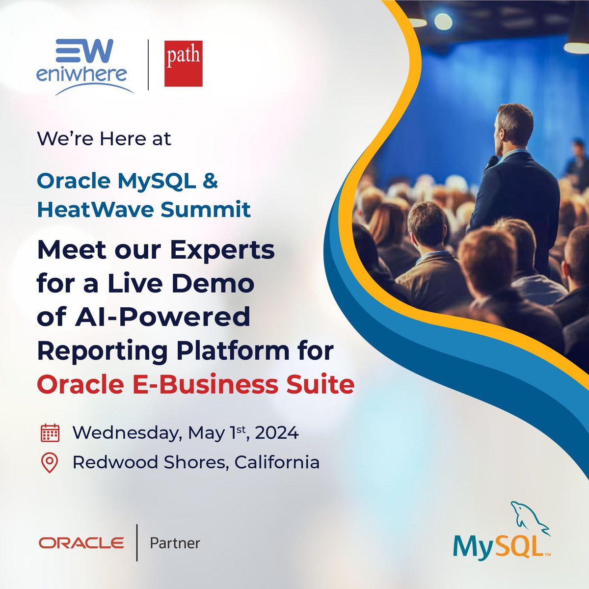 We're here at #Oracle #MySQL Hosted – 2024 Summit! 

Join us for live demos of our AI-powered #ReportingPlatform. Let's discuss how #eniwhere can elevate your Oracle E-Business Suite #reporting. 

See you at the #summit! 

#PathInfotech #MySQLSummit #OraclePartner #TechEvent