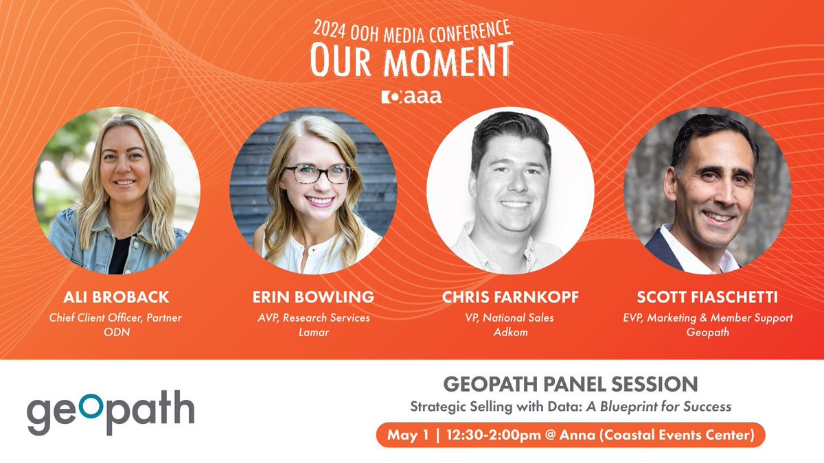 Join us in one hour at Anna for our Geopath Featured Panel session at the 2024 OOH Media Conference! 

We're excited to work with this incredible panel and discuss how data can help both the buy and sell side. 

Learn more about the session: buff.ly/3IU6ufG