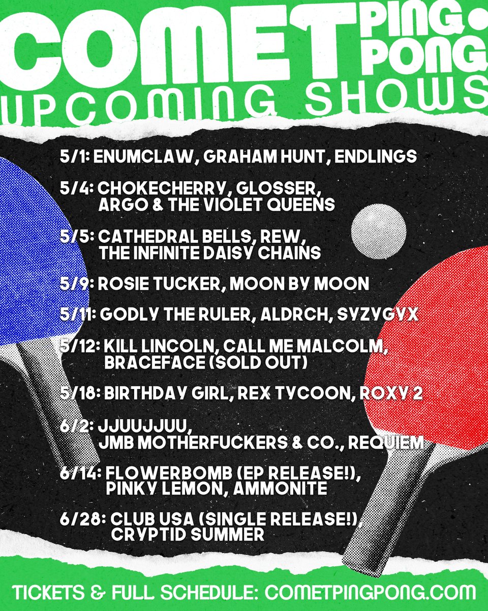 🏓SHOWS AT COMET🏓

5/1: @enumclaw_online, Graham Hunt, Endlings
5/4: @chokecherryband, @glosserbandd, Argo & the Violet Queens
5/5: @cathedralbells_, Rew, @theinfinitedc
5/9: Rosie Tucker, @MoonByMoonBand

🎟: buff.ly/4diS5aU 
MORE 🧵⤵️