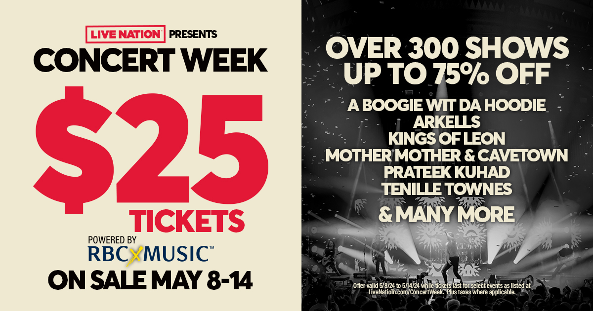 🚨 Get ready for Live Nation’s Concert Week, On Sale May 8-14! 🚨 $25 Concert and comedy tickets to over 300 shows — that’s up to 75% off! More info: LiveNation.com/ConcertWeek