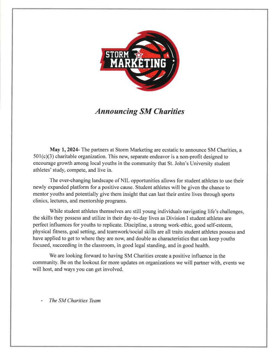 ANNOUNCEMENT: We are excited to announce our newest endeavor, SM Charities. Follow the new account @smcharitiesny #sjubb @StJohnsU