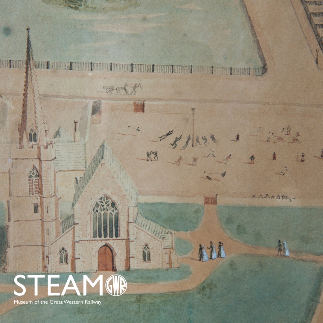 Happy #MayDay! 🌸 Celebrate spring with a piece of #SwindonHistory from our collection. Check out this stunning 1849 watercolour by Edward Snell showcasing New Swindon, complete with a lively May Day scene featuring maypole dancing. Can you spot the dancers? Swipe see them.