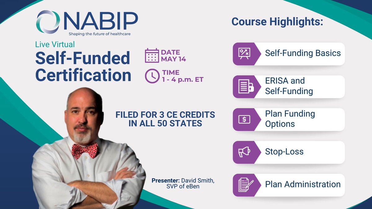 Register today for our Live Virtual Self-Funded Certification on May 14 from 1-4 p.m. ET! Learn key technical components and benefits of self-funding, from the elimination of most premium tax to customer service for employees. Register here: nabip.inreachce.com/Details/Inform…