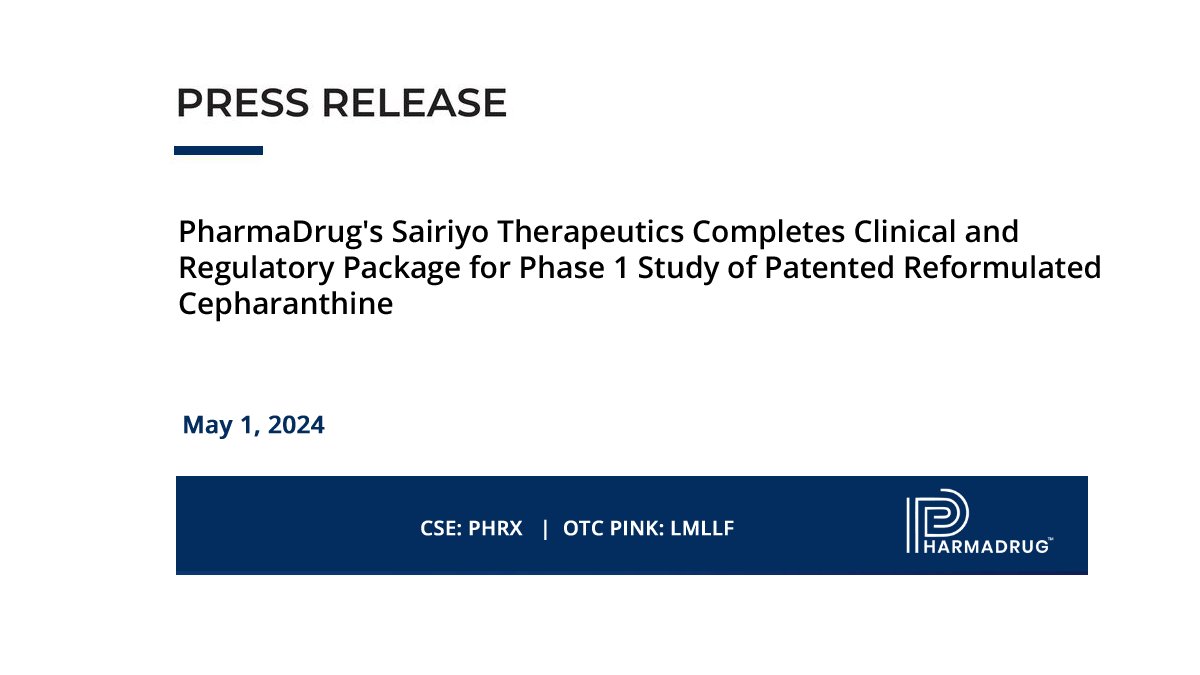 PharmaDrug’s Sairiyo Therapeutics Completes Clinical and Regulatory Package for Phase 1 Study of Patented Reformulated Cepharanthine

bit.ly/44mhfRU

$PHRX $LMLLF | #cancer #esophageal #Oncology #Cepharanthine #psychedelics #Australia 🇦🇺