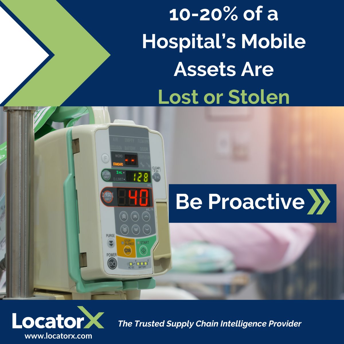 10 – 20% of a hospital’s mobile assets (approx. $3,000 per item) are lost or stolen during their useful life according to AMR research.

Be proactive. Gain real-time visibility. Know where your devices are at all times.
> bit.ly/4dgE0uD

#MedTechIoT #AssetVisibility