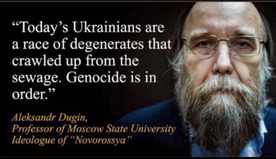 Dugin has called for the genocide of the Ukrainian people. Here is Tucker Carlson treating this fascist monster as some kind of oppressed philosopher hero. For many years, Tucker Carlson was employed by Murdoch on Fox News to inject fascist hate and Russian propaganda into the