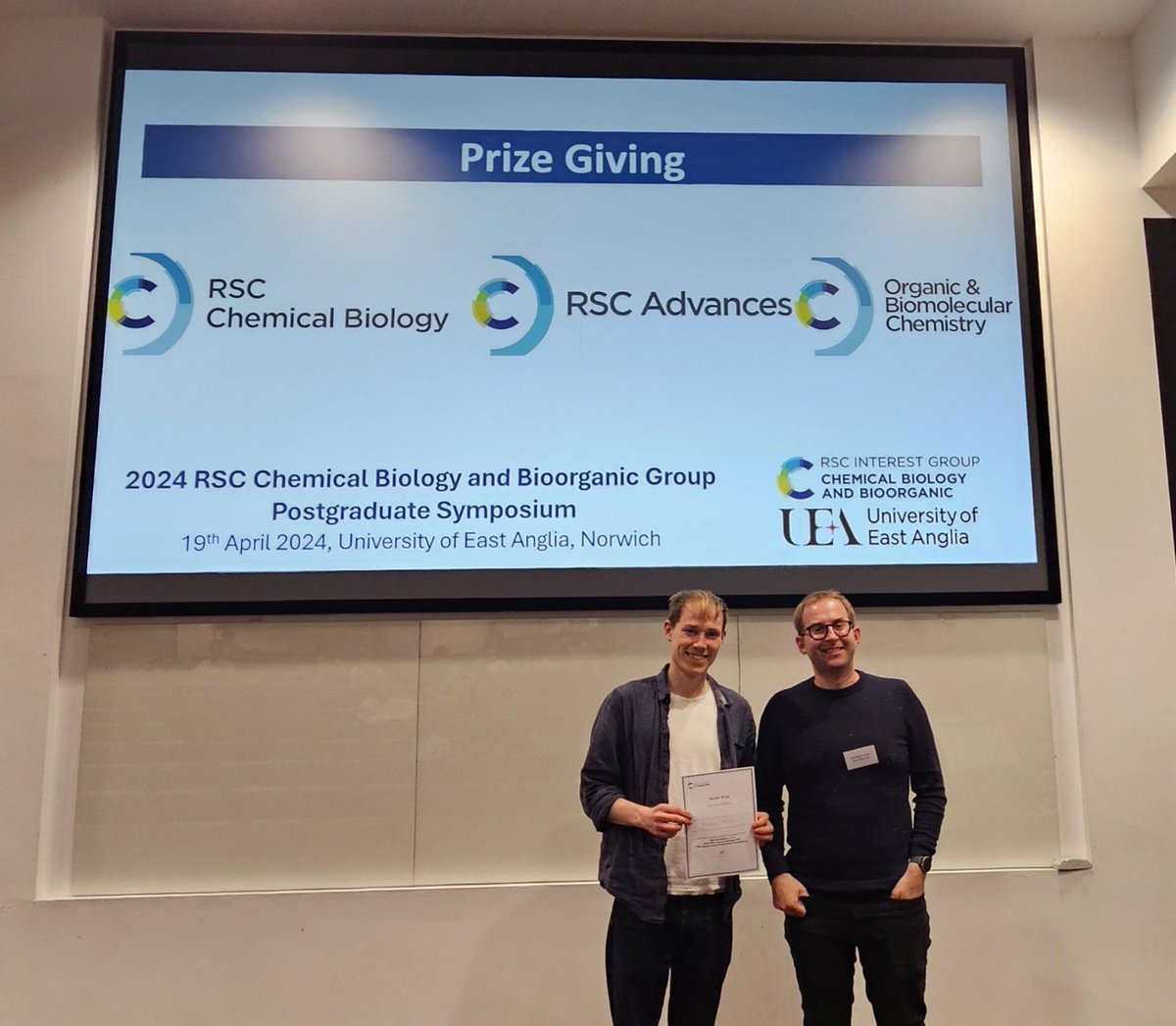 Congratulations to Thomas E. Mills for receiving the prize for Best Poster, sponsored by RSC Advances, at the RSC Chemical Biology and Bioorganic Group Postgraduate Symposium held at the University of East Anglia!