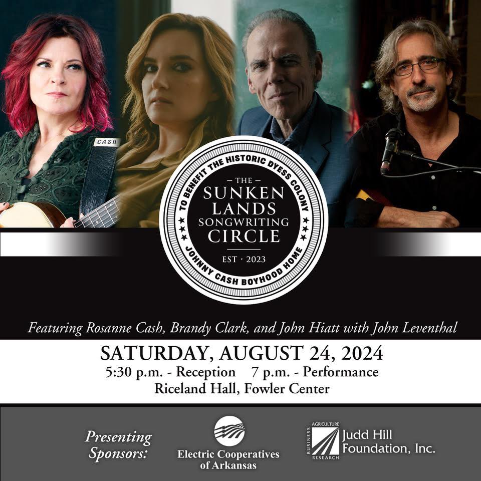 Tickets now on sale for the Sunken Lands Songwriters Circle, featuring legendary songwriters Rosanne Cash, myself, John Hiatt, and John Leventhal! Proceeds benefit the Historic Dyess Colony: Johnny Cash Boyhood Home. Tickets are available on Ticketmaster (🔗 in bio) #SLSC24