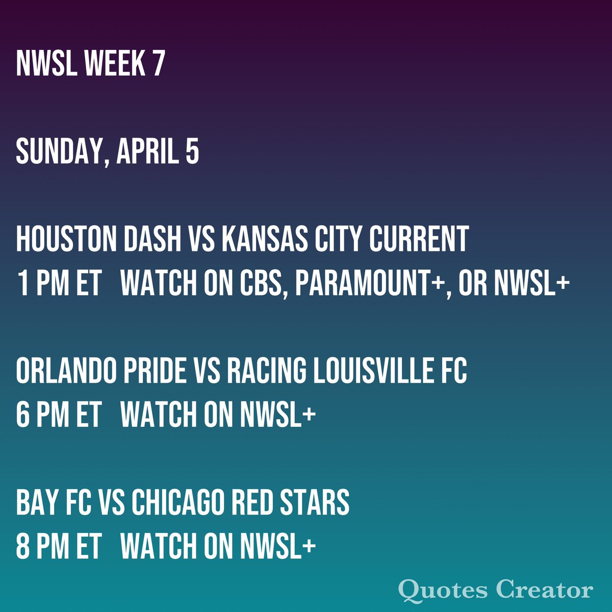 #NWSL Week 7 starts today! #WePlayHere #AngelCityFC #BayFC #WithTheStars   #HoustonDash #KCBaby   #GothamFC #ForTheLove   #VamosPride #BAONPDX #RacingLou #MakeWaves #HereForTheCrown #URFC #ThatsTheSpirit