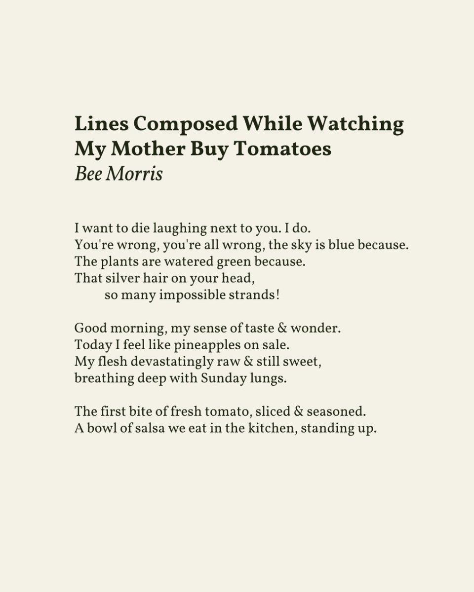 “the sky is blue because. / The plants are watered green because. / That silver hair on your head, / so many impossible strands!” — Bee Morris