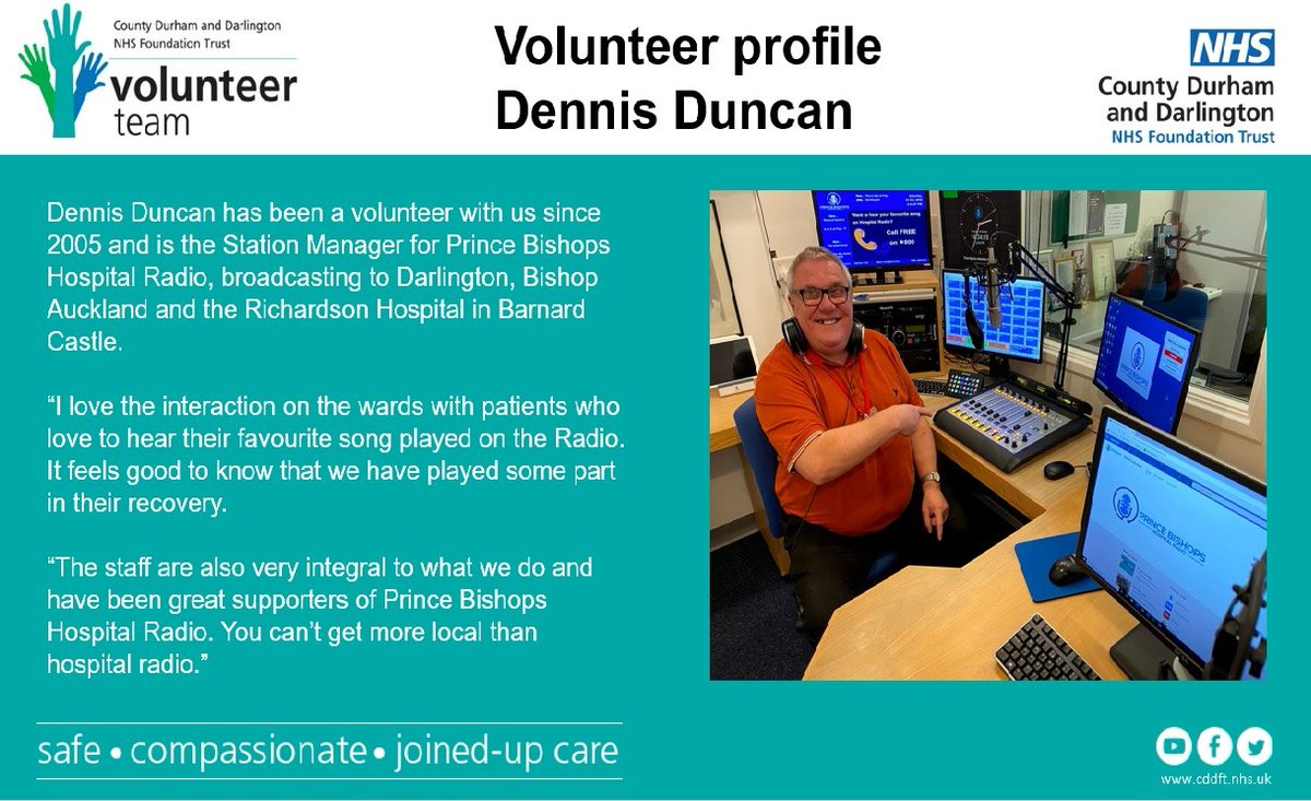 🌟 Our amazing volunteers like Dennis enhance the patient experience across #TeamCDDFT 👏 We're fortunate to have 110 volunteers who make a difference across our services every day and help us to deliver safe, compassionate and joined-up care.💙 #PatientExperienceWeek