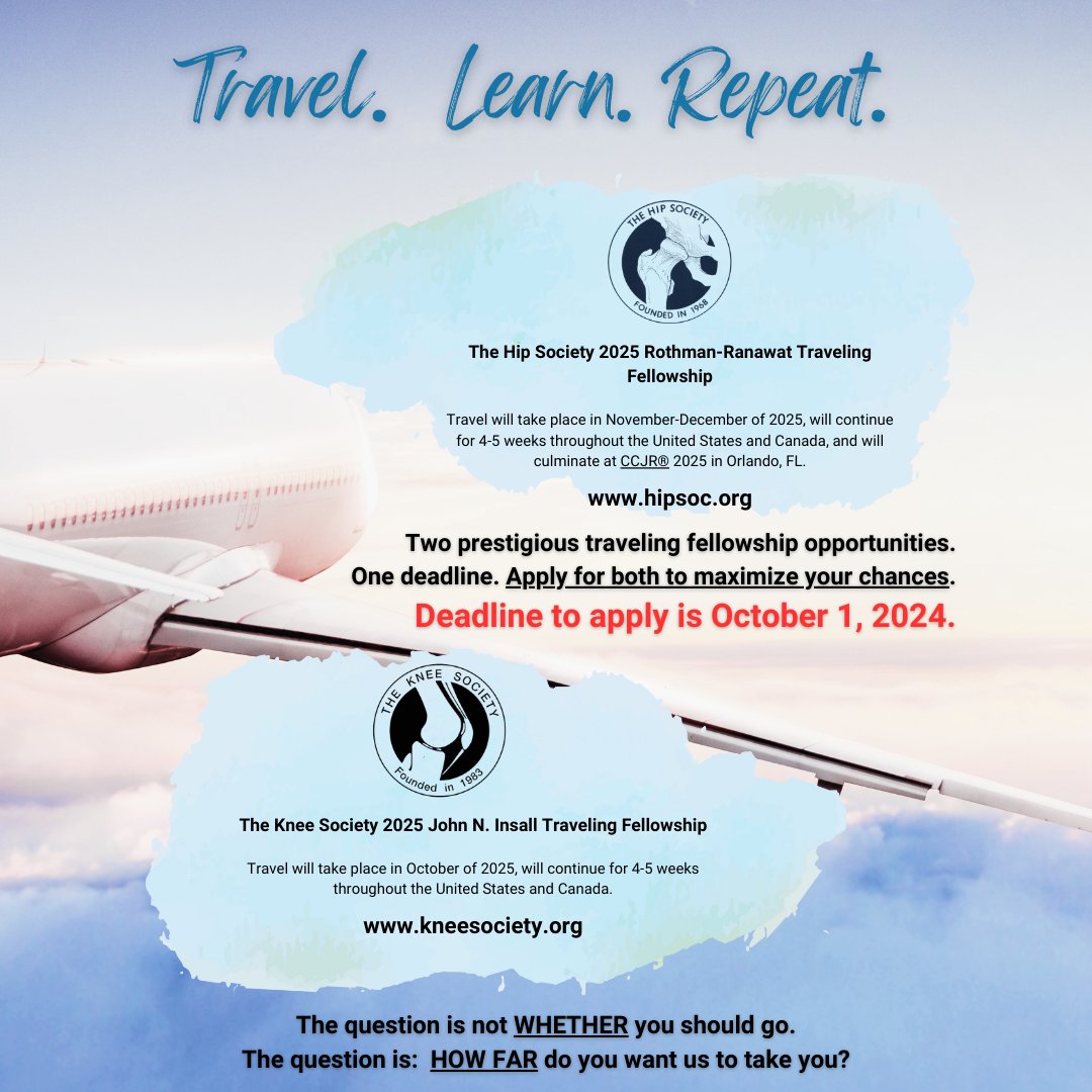 🌍✈️ Travel, learn, repeat! Take your career to new heights by applying for TWO prestigious traveling fellowships. ✨ Go to hipsoc.org and to kneesociety.org. Apply for both to amplify your chances! #travel #fellowship #hip #knee #careergrowth #surgeon