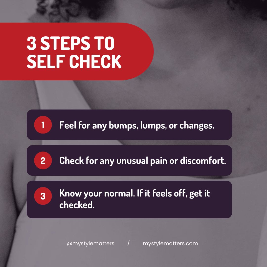 Ladies, it's the 1st of the month – time for a breast self-exam! Feel for changes, pain, or discomfort. Know your normal. If something feels off, get checked. Share your #FeelItOnTheFirst moments! #BreastHealth #MyStyleMatters