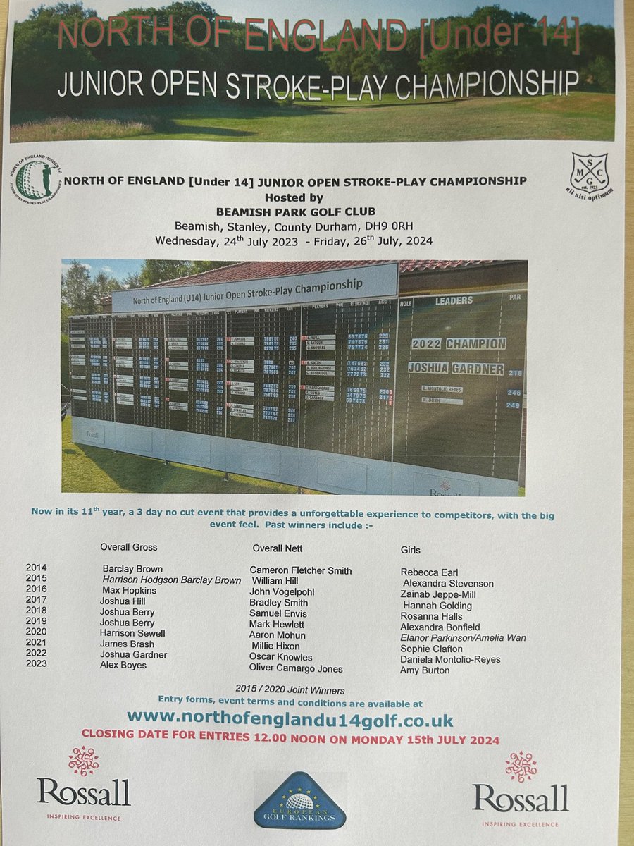Entries continue to be received for 11th running of North of England Under 14 Junior Strokeplay Championship 24-26th July 2024, Beamish Park Golf Club.  Entry form here northofenglandu14golf.co.uk  <a href="/stephenjburnett/">Stephen J. Burnett</a> <a href="/EnglandGolf/">England Golf</a> <a href="/YUGCUK/">Yorkshire Golf</a> <a href="/DurhamGolfTour/">Durham Junior Golf Tour</a> <a href="/GolfBible/">Amateur Golf Bible</a>