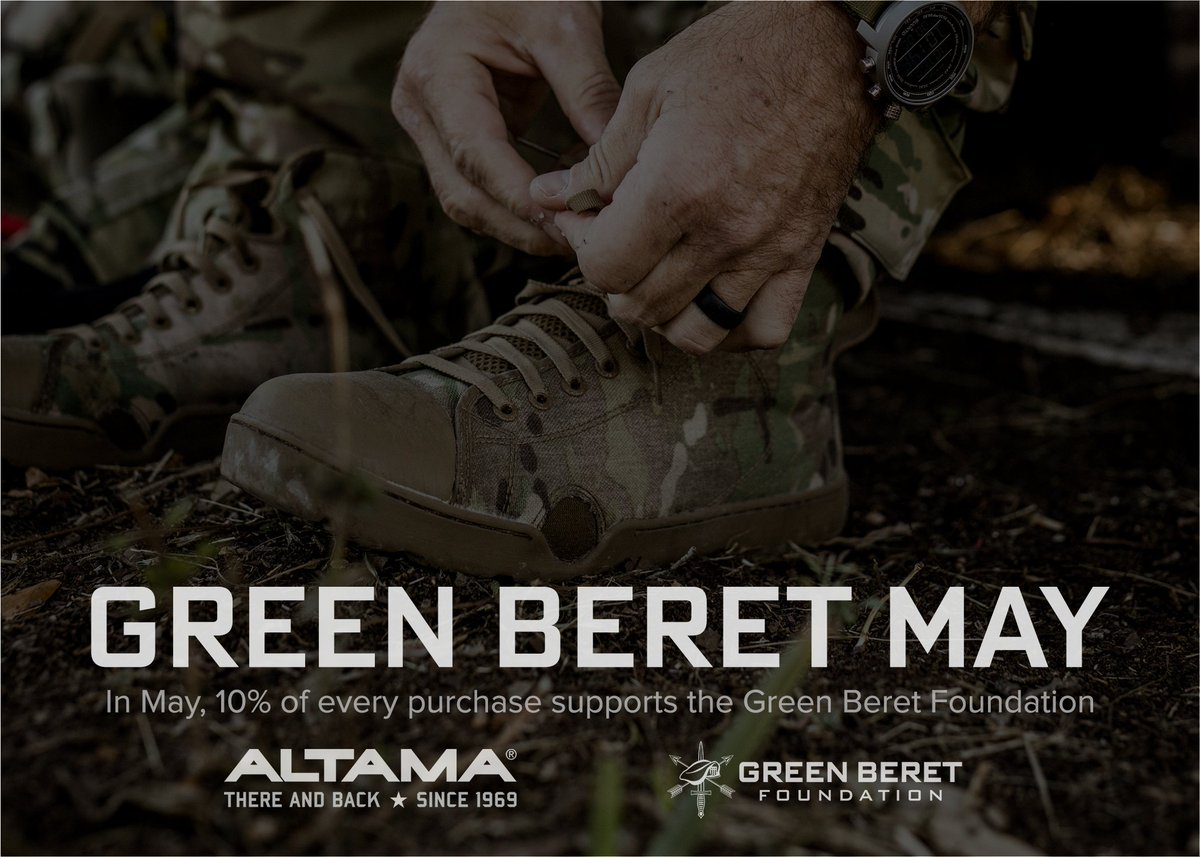 The Green Beret Foundation and @Altamaboots are teaming up for 'Green Beret May'! Throughout May, 10% of all sales using the code 'GBF10' will go directly toward supporting GBF's mission. First 125 purchases get a free challenge coin! Shop & Support: bit.ly/altama