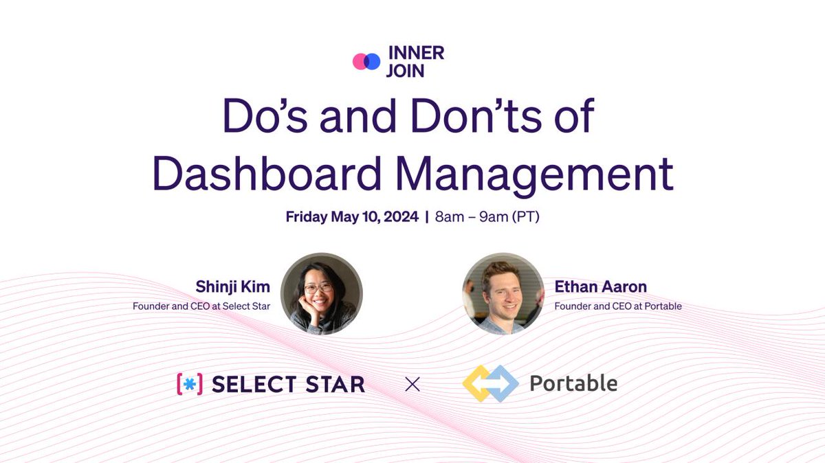 Select Star (@selectstarhq) on Twitter photo Next Friday 5/10, join <a href="/ea_tweets/">Ethan Aaron</a> and <a href="/shinjikim/">Shinji Kim</a> as they discuss practical strategies and tips on BI & dashboard management.
• Why are 10 dashboards enough for a company?
• How can analytics teams truly add value to the business?
hubs.la/Q02vsYwb0 Next Friday 5/10, join <a href="/ea_tweets/">Ethan Aaron</a> and <a href="/shinjikim/">Shinji Kim</a> as they discuss practical strategies and tips on BI & dashboard management.
• Why are 10 dashboards enough for a company?
• How can analytics teams truly add value to the business?
hubs.la/Q02vsYwb0
