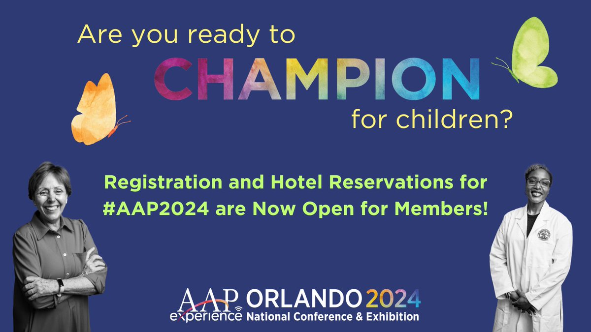 Be a champion for children and don’t miss out on #AAP2024! Registration and Housing Reservations are now open for the AAP National Conference & Exhibition taking place in Orlando, FL from September 27-October 1, 2024. Check out aapexperience.org for the latest information.