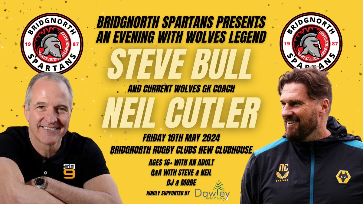 Join Us Next Friday at @bridgnorth_rfc with Steve Bull and Neil Cutler. Just £15 a ticket, or £30 VIP. Open to all, please click the link for ticket/s! Your support supports grass roots football 😊 eventcreate.com/e/aneveningwit… #bridgnorth #wolves #stevebull #neilcutler