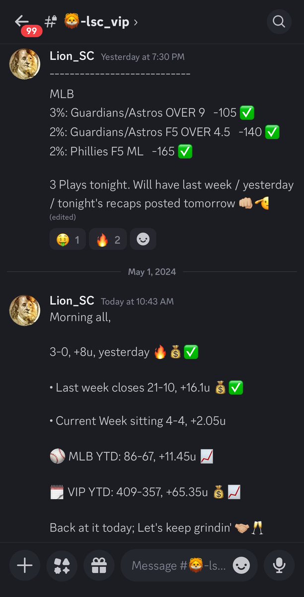 3-0, +8u, yesterday for VIP ☀️✅✅ We have been cruising; VIP coming off of a 21-10, +16.1u week, last week 🔥🫡 New Promo. Offer is now Live 👇🥂 🔋 linktr.ee/lionsportscons… Access to Me & @SRCGROUP2K22 🚀 Great time to get on Board 🎟️🚂💰💰 #GamblingTwitter #SportsInvesting