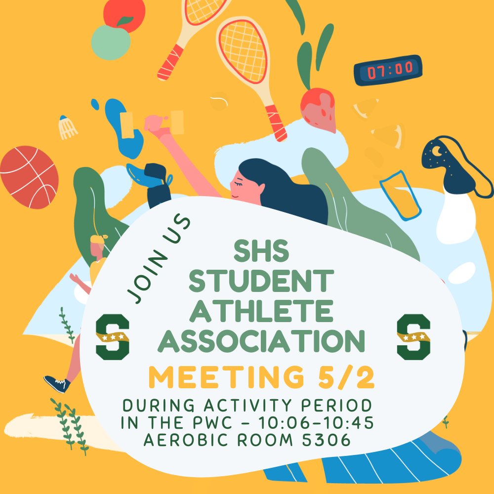 ALL ATHLETES!! Don't forget!! During the final activity period on May 2nd, the Student Athlete Association is meeting in PWC - Aerobic Room 5306 from 10:06 - 10:49. @shspatriot @stevensonhs #patriotpride