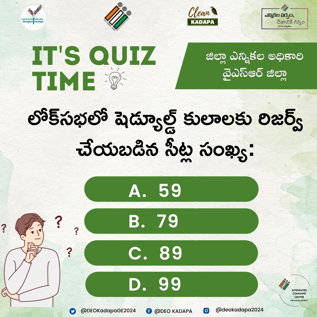 Ready to put your knowledge to the test? Get ready for a quiz! Check out the election-related question in the post and share your answers in the comments below. 

Let's find out who's up for the challenge!

@CEOAndhra
@ECISVEEP
#CollectorKadapa
#GeneralElection2024
#LokSabha