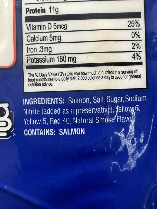 Wild caught salmon with red 40, yellow 5, and yellow 6 The world has lost its mind. Not a sour patch kid. Wild. Caught. Salmon.