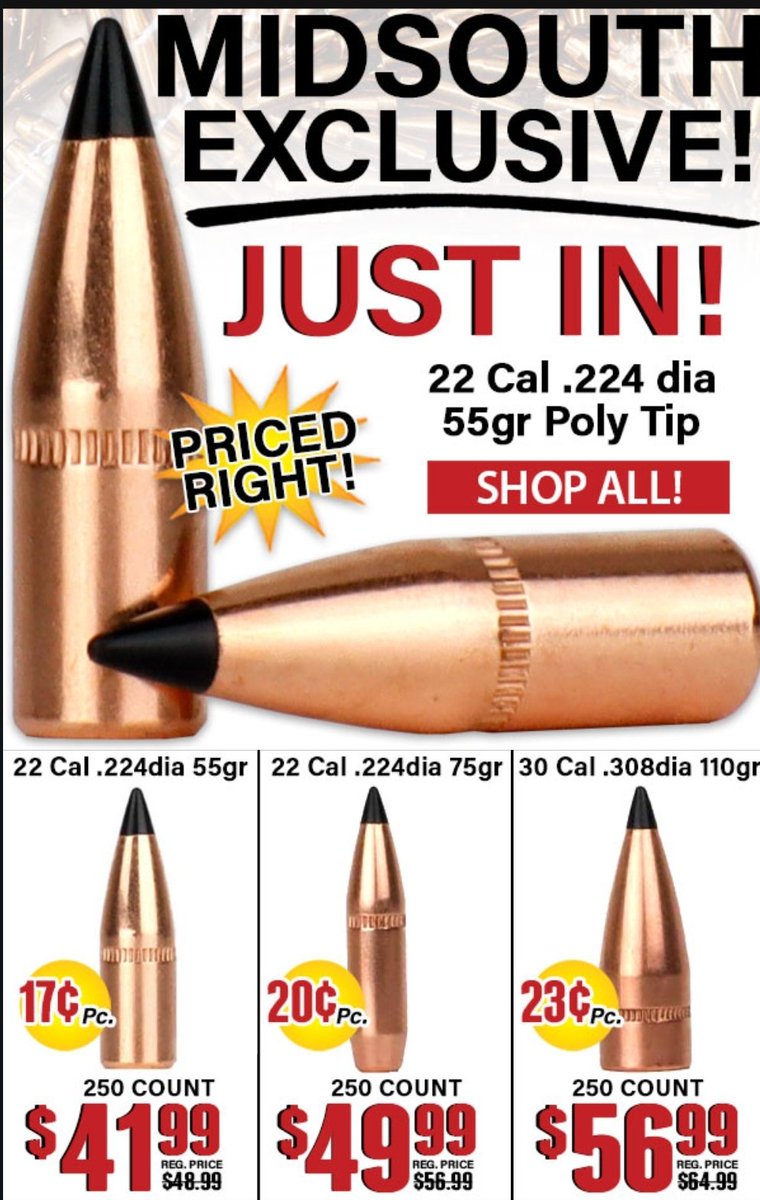 ⭐️🔥➡️ Polymer tipped Varmit bullets for great prices at MidSouth Shooters Supply.  New 55gr .224' bullets are available!
➡️ alnk.to/7qjRnJL
Affiliate Link ⭐️🔥
#reloading #ar15 #bullets
#AmmoDeals