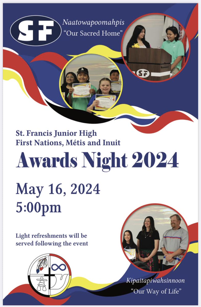 Get ready for @SFleth FNMI Awards Night which is coming up soon on Wednesday, May 16, 2024! Parents and caregivers of our St. Francis FNMI students: please RSVP with numbers by Friday if your child brings home a letter. #FNMIAwardsNight #IBelieveInCatholicEd #hs4