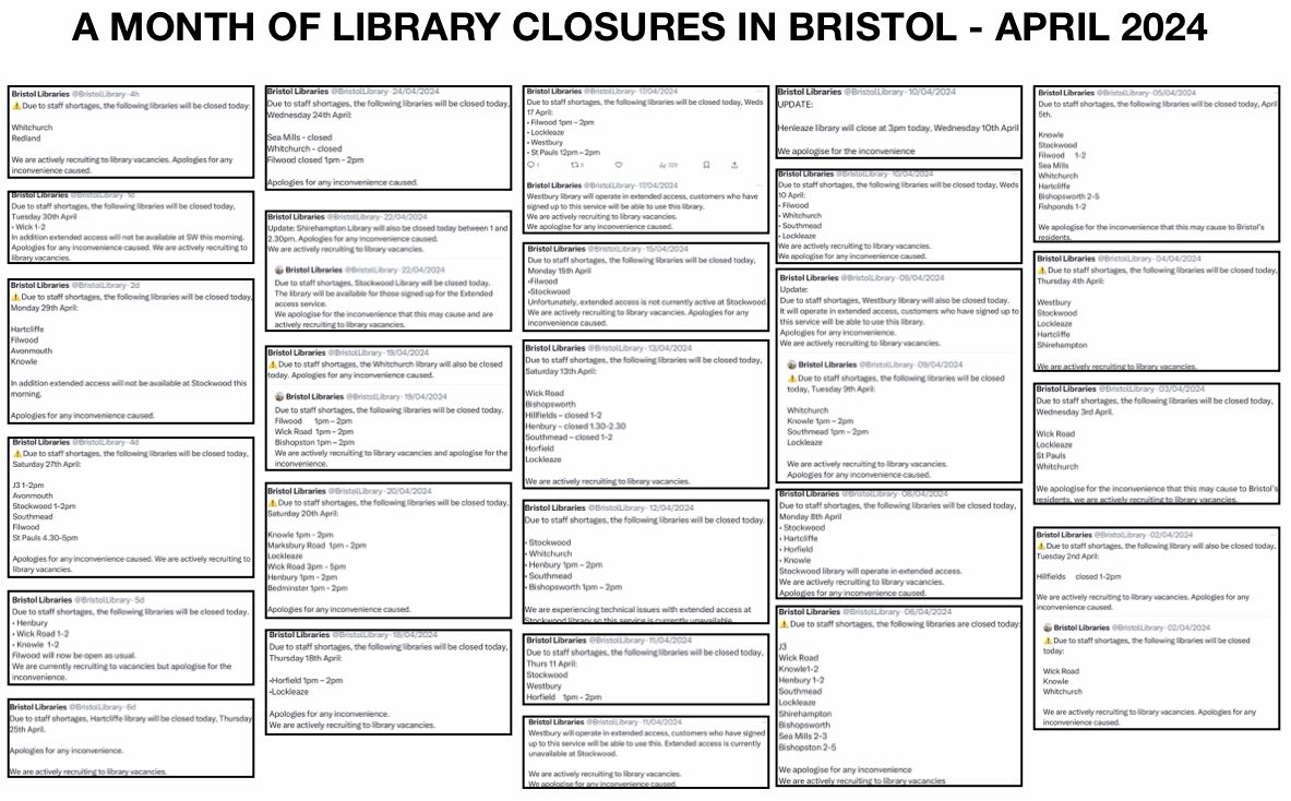This is a month of notifications of #Libraries being closed in #Bristol. It’s been this way each month since the freeze on casual staff hiring last summer. What will the political parties do to (a) fix this problem and (b) maintain the city’s #Library service?