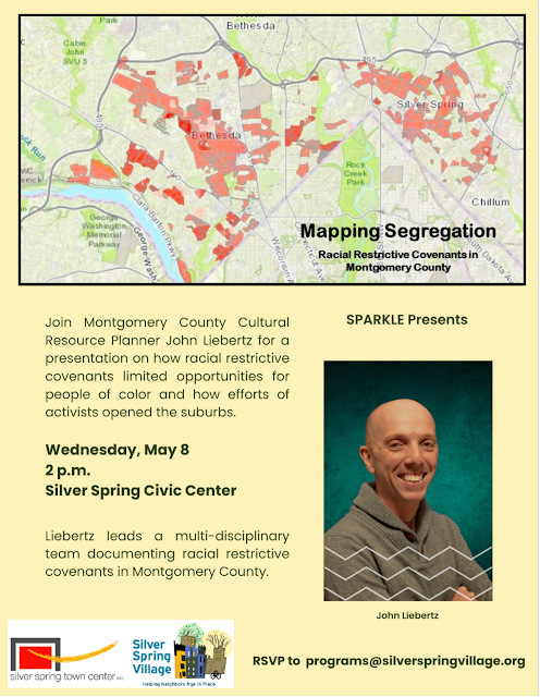 Join us on May 8 in Silver Spring for SPARKLE’s event on ‘Mapping Racial Segregation: Racial Restrictive Covenants in Montgomery County’. Learn about the history of local segregation with John Liebertz at 2 PM. More info: ow.ly/cXjA50RtqMj