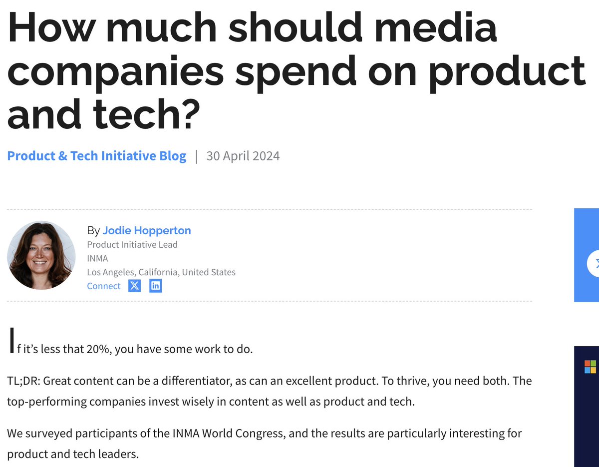 Media companies spending less than 20% on product and tech may need to reconsider, INMA Product and Tech Initiative Lead @jodiehop writes in her latest blog. ow.ly/j22x50Rt8vM