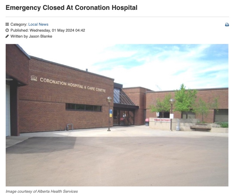 The ER and acute care at the Coronation Hosptial will be temporarily closed from 6 a.m. on May 1 to 8 a.m. on May 2, according to AHS. Nurses will be on site to provide first aid and triage patients to other facilities in surrounding communities. #NeedNursesAB #ableg #abhealth