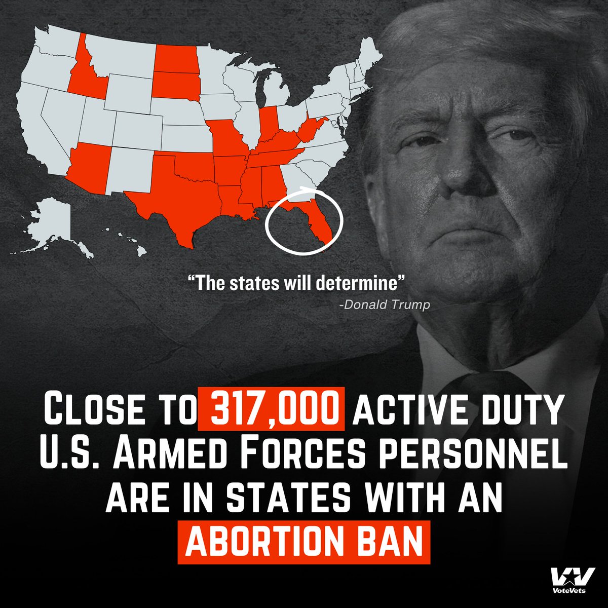 🚨Close to 317K active duty U.S. Armed Forces personnel and their families, now including Florida, face abortion bans. And Trump? He's all for it! This BETRAYS those who sacrifice to defend our freedoms, only to see their own rights trampled! #TrumpsFloridaAbortionBan