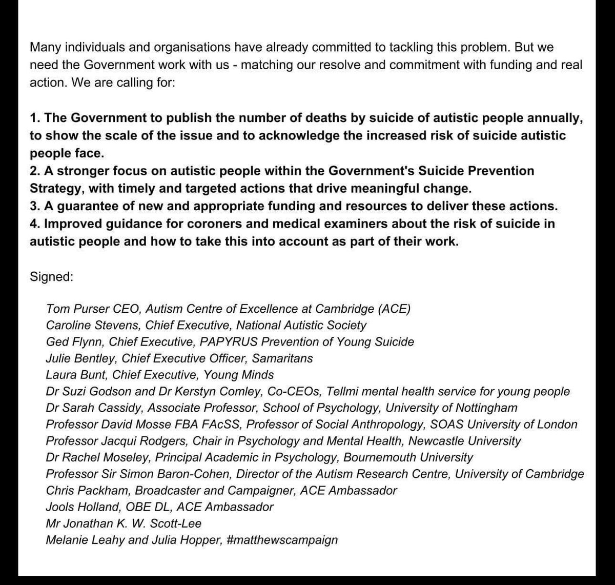 Today we joined with @theACEcharity @PAPYRUS_Charity @tellmi_helps @samaritans & @YoungMindsUK 2 write an open letter 2 the Government 2 highlight the increased risk of suicide that autistic people face & call 4 urgent action #matthewscampaign