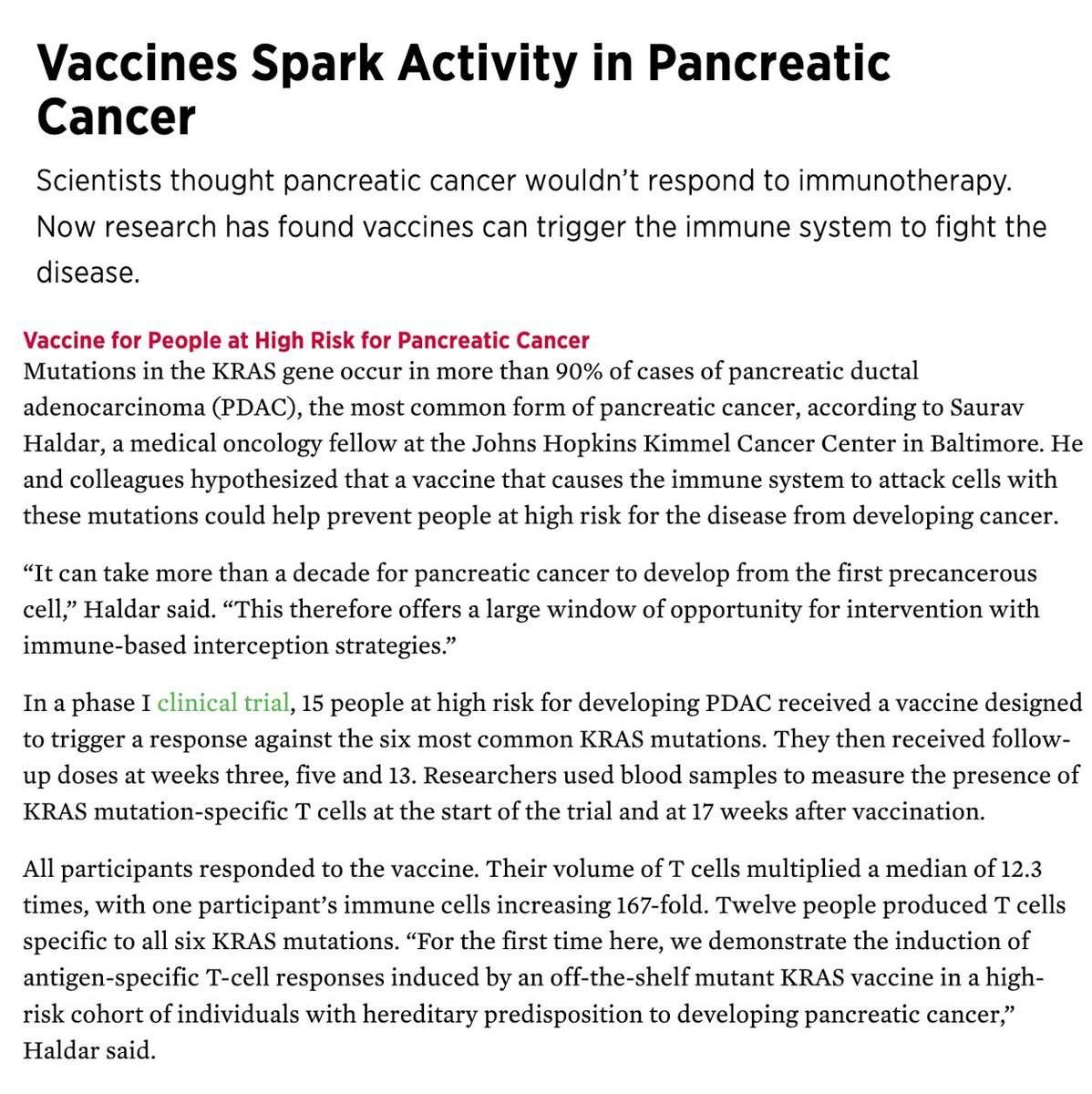Are cancer vaccines ready for prime time? Highlights from our @hopkinskimmel study of an off-the-shelf mutant KRAS vaccine in individuals at high risk of developing pancreatic cancer are featured here #AACR24  
cancertodaymag.org/cancer-talk/va…