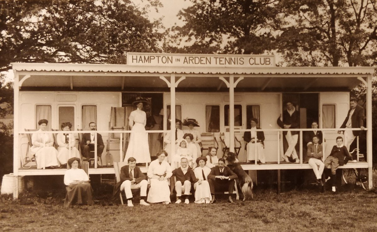 Continuing our #WarksSportsAndGames journey around the county, we look to Hampton-in-Arden tennis club. This photo, probably taken c. 1900, shows club members (and a dog 🐶) at the front of their pavilion, adapted from a railway carriage! 📸 WCRO, PH0352/84/30 #ExploreYourArchive