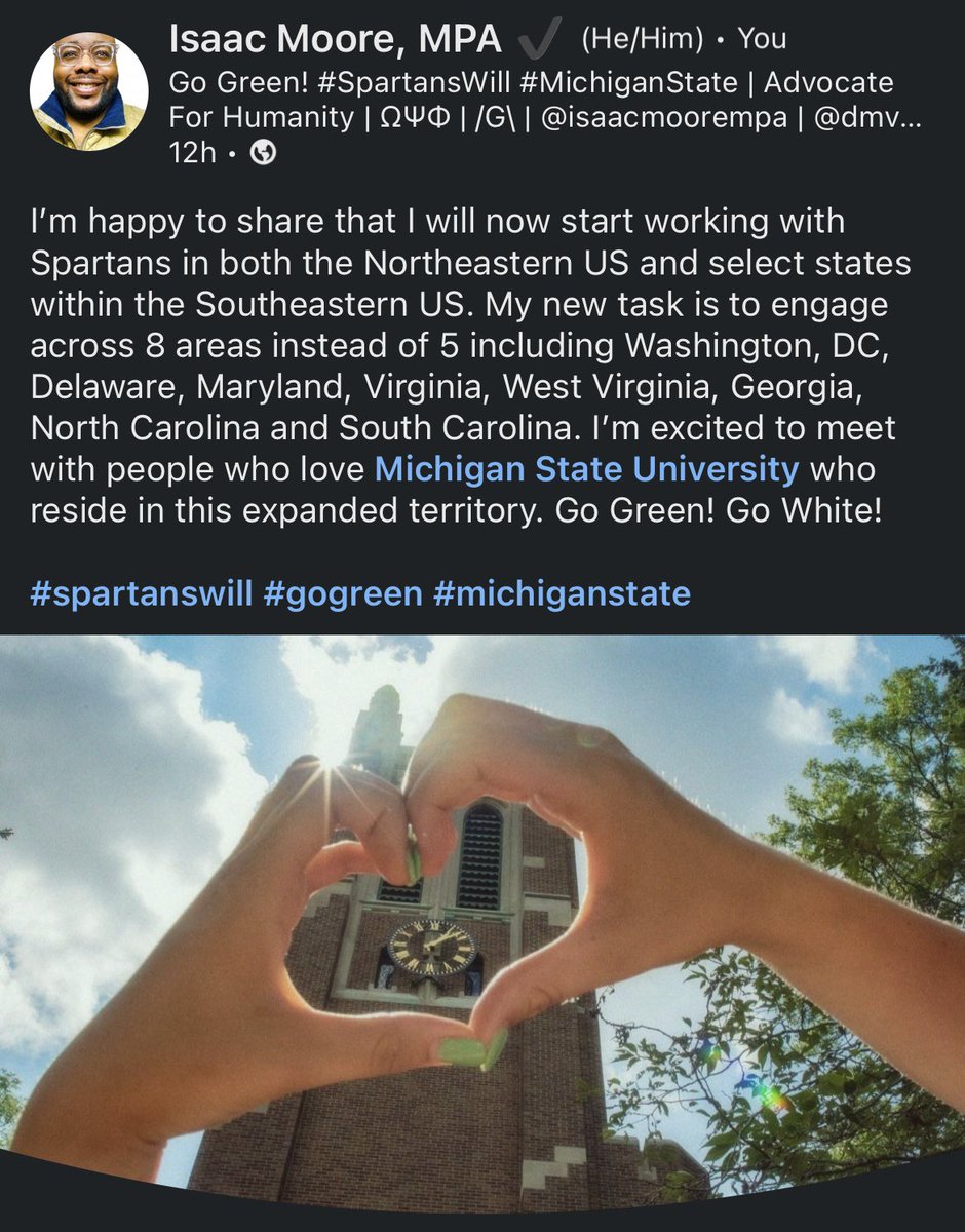 I’m looking forward to engaging with MSU Spartans in NC, SC and GA in addition to my current areas of responsibility! 🟢⚪️🟢⚪️

#michiganstate #spartanswill #gogreen