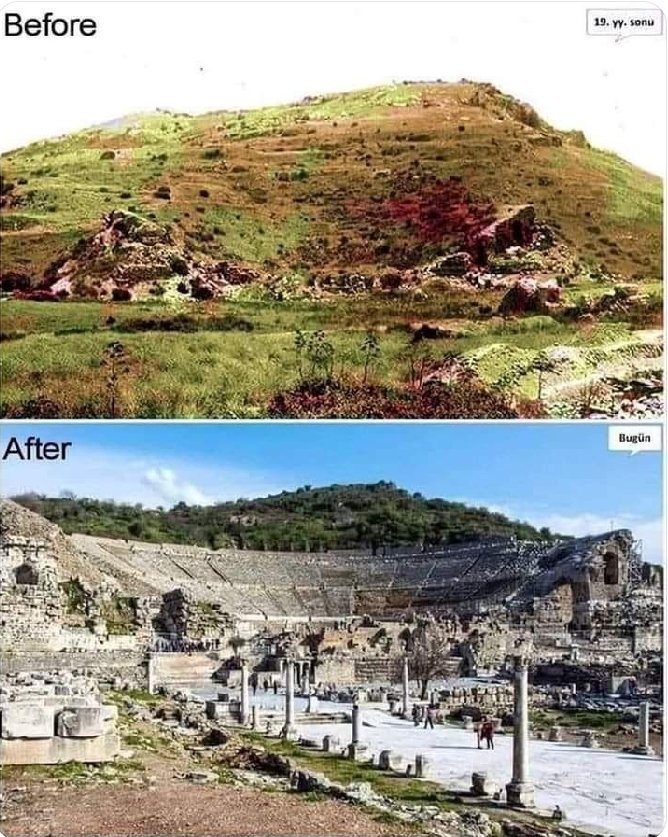 Before and after the archaeological excavation in the Ancient City of Ephesus within the borders of Selçuk District of Izmir.