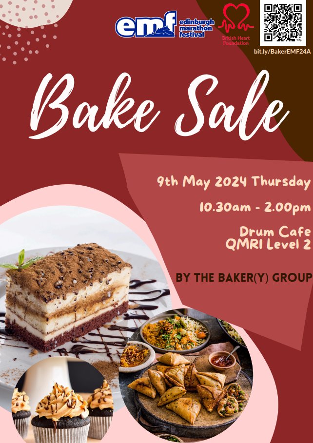 🎉The Baker group are fundraising for @TheBHF 🫀 Members of our group are running in events at the #EdinburghMarathon festival & to raise funds we are having a bake sale on 9th May🧁 Details below. Come along for some treats & to raise money for a good cause! Spread the word🥳