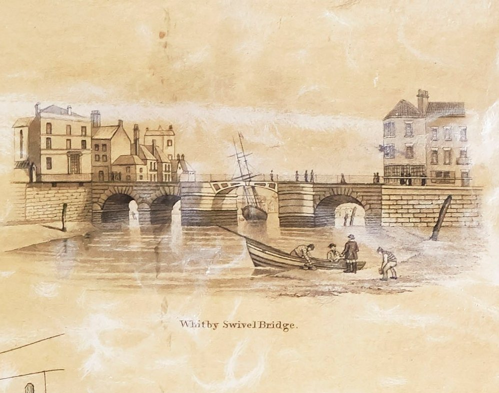 Who's heading to the #NorthYorkshireCoast this #BankHoliday? Here's a delightful cartouche from a detailed map of #Whitby (1841), showing the famous swivel bridge #MapMonday