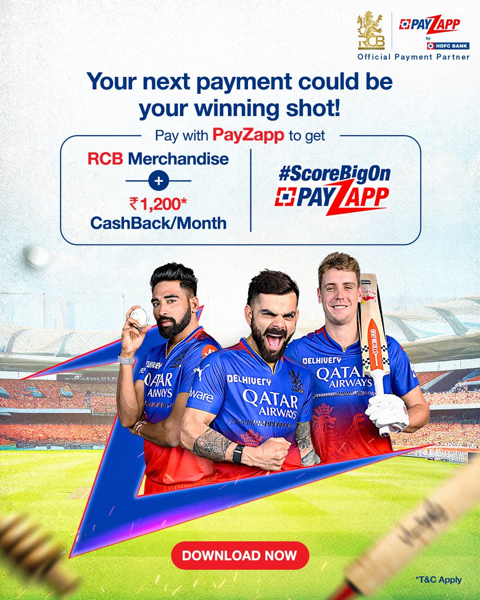 You paying your bills can now lead to you getting uber cool RCB Merchandise! #ScoreBigOnPayZapp and stand a chance to get not only Merchandise but also ₹1,200* CashBack/Month. Download PayZapp by clicking the link below v.hdfcbank.com/payzapp/index.… #HDFCBank #Payment #RCB #Payment