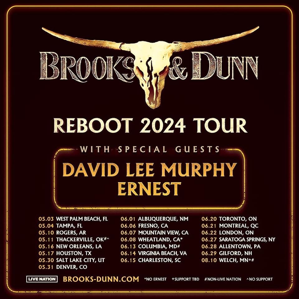 The @BrooksAndDunn REBOOT 2024 TOUR featuring our friends @davidleemurphy and @ernest615 kicks off this weekend in #WestPalmBeach and #Tampa ! Grab your tickets and we’ll see y’all out there this summer.... RD 

Tickets: brooks-dunn.com/tour/