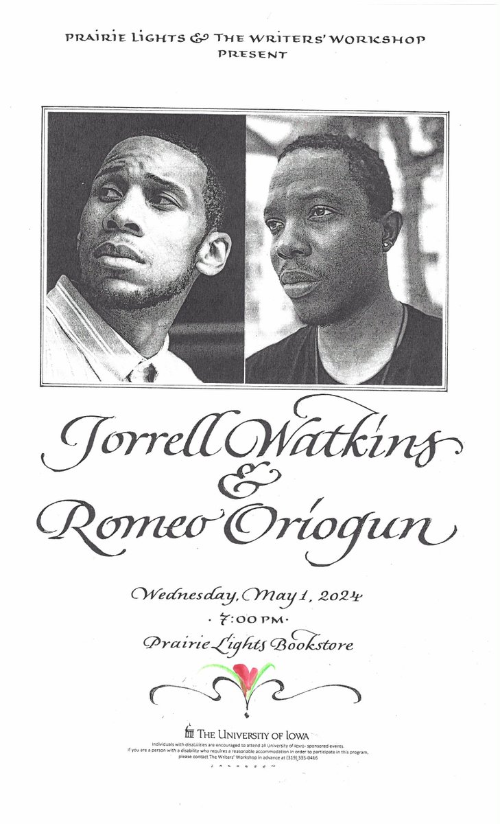 Tonight! May 1st, 7p.m. at Prairie Lights bookstore, Jorrell Watkins and Romeo Oriogun will read from their new books, 'Play|House', and 'The Gathering of Bastards' events.uiowa.edu/86322