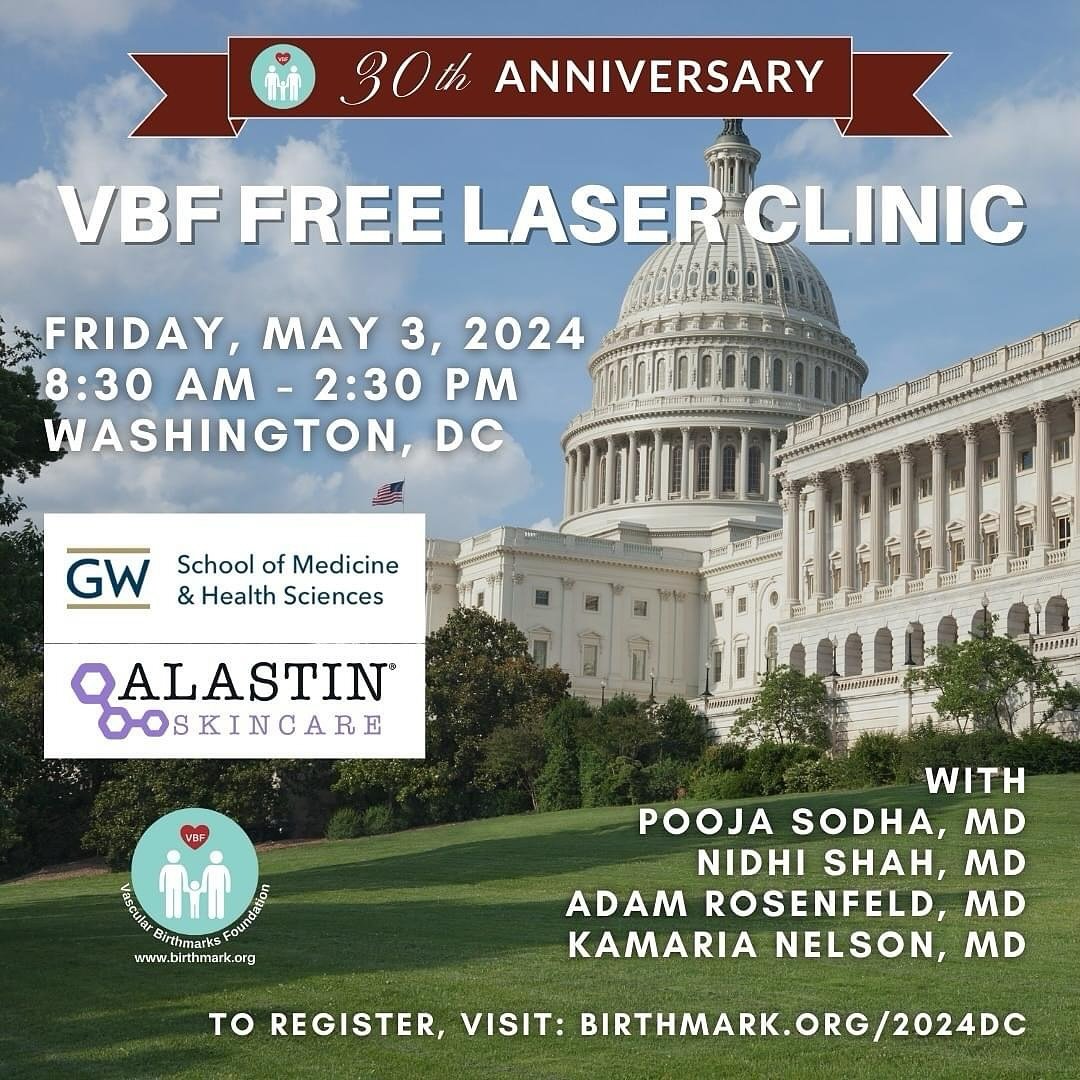 The 2024 @VBirthmarks DC Free Laser Clinic with #GWDocs cosmetic dermatologist, Pooja Sodha, MD, FAAD will be this Friday 5/3! Register for this free event at: birthmark.org/2024dc