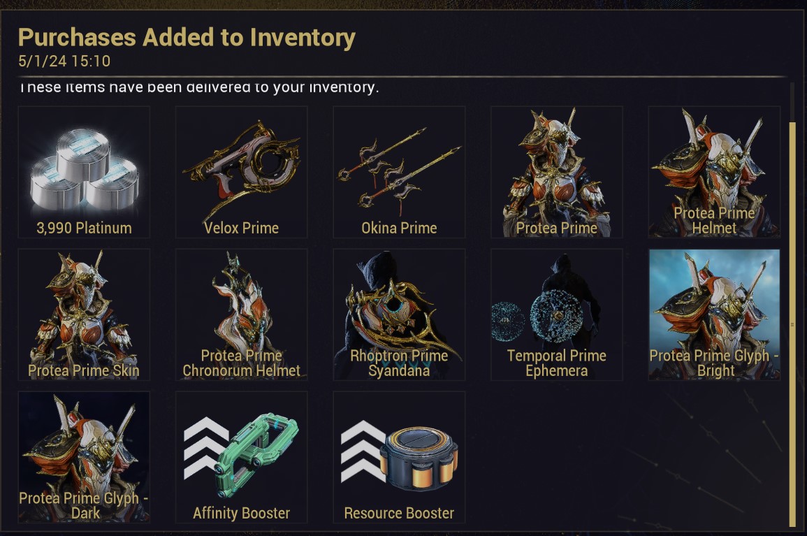 Protea Prime access bought, rip money... HELLO PROTEA PRIME! #Warframe