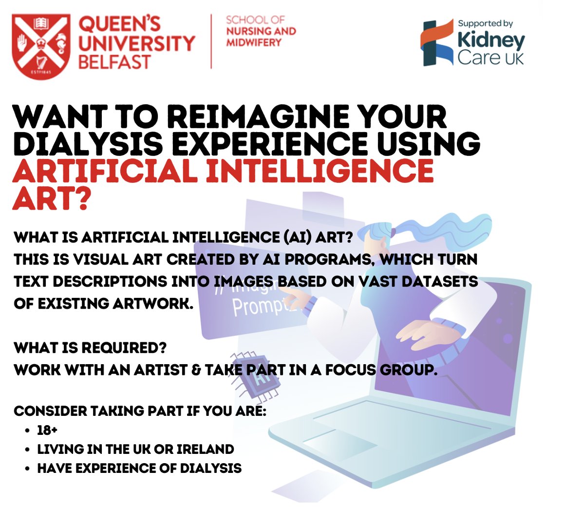 Have you experienced #dialysis? We want to hear from you to help shape the future of dialysis care using A.I. and art! Please share and contact renal@qub.ac.uk for more info 📨
