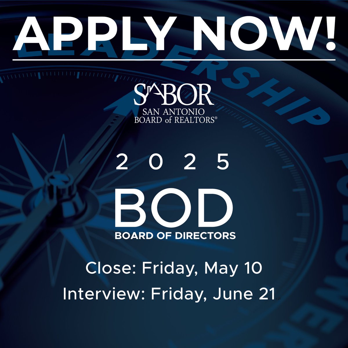Applications for the San Antonio Board of REALTORS® 2025 Board of Directors are open, but time's running out! ⏰ Don't miss your chance to lead and make a difference in our community. Apply by the deadline on Friday, May 10! Link to apply: bit.ly/48SlBB4