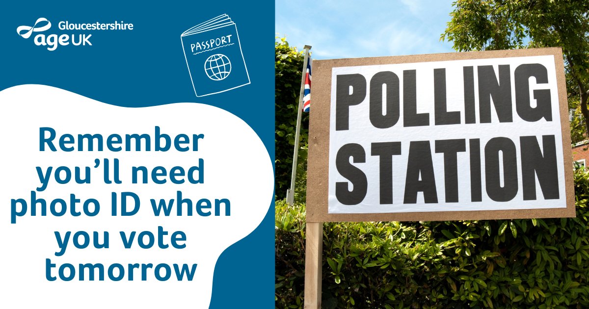 #LocalElections take place across #Gloucestershire tomorrow. A reminder to pick up your passport, bus pass, driving license or other accepted photo ID in your before you set off. You can't cast your vote without it. Sign up to stay updated on our news ageuk.org.uk/gloucestershir…